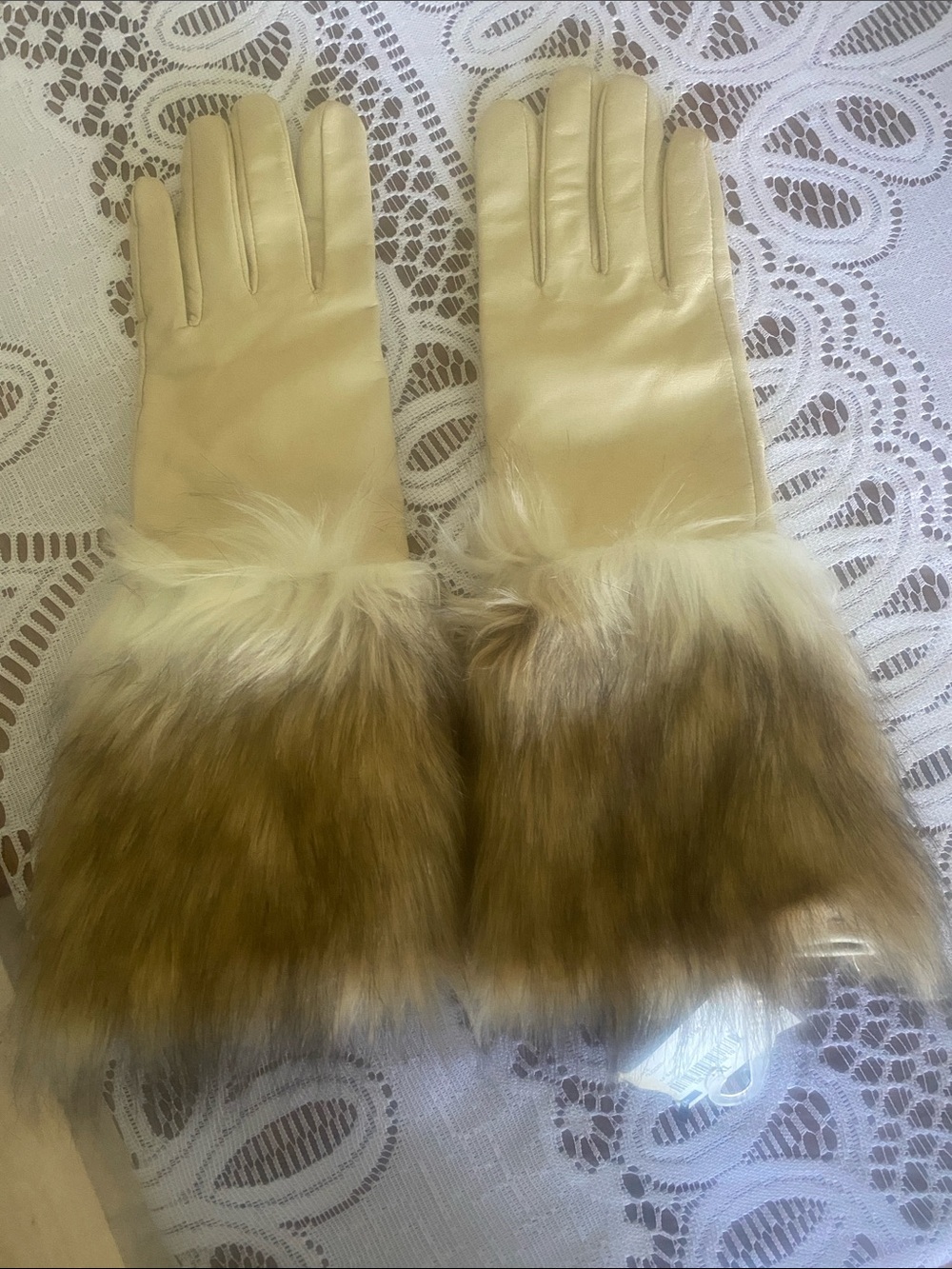 Cream Leather Gloves with Brown Faux Fur Trim — Women's Winter Gloves